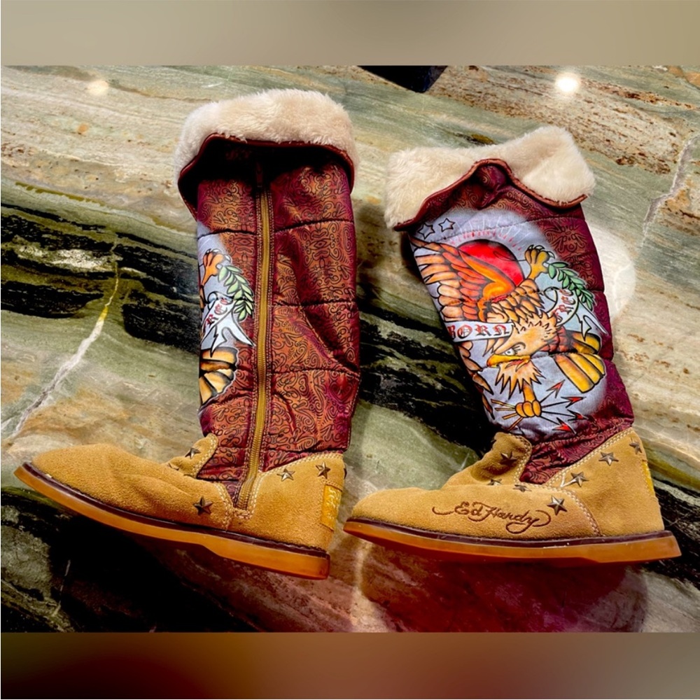 ED HARDY Born Free fleece lined knee boots